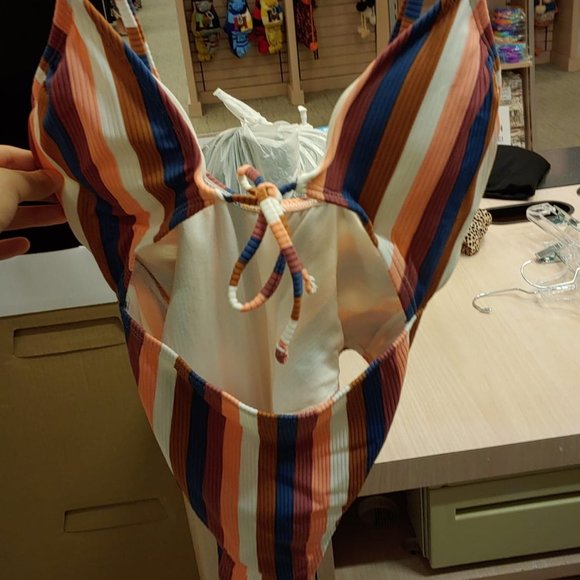 Xhilaration Multi Stripe Medium Juniors' Ribbed Tie-Front One Piece Swimsuit - Picture 6 of 8